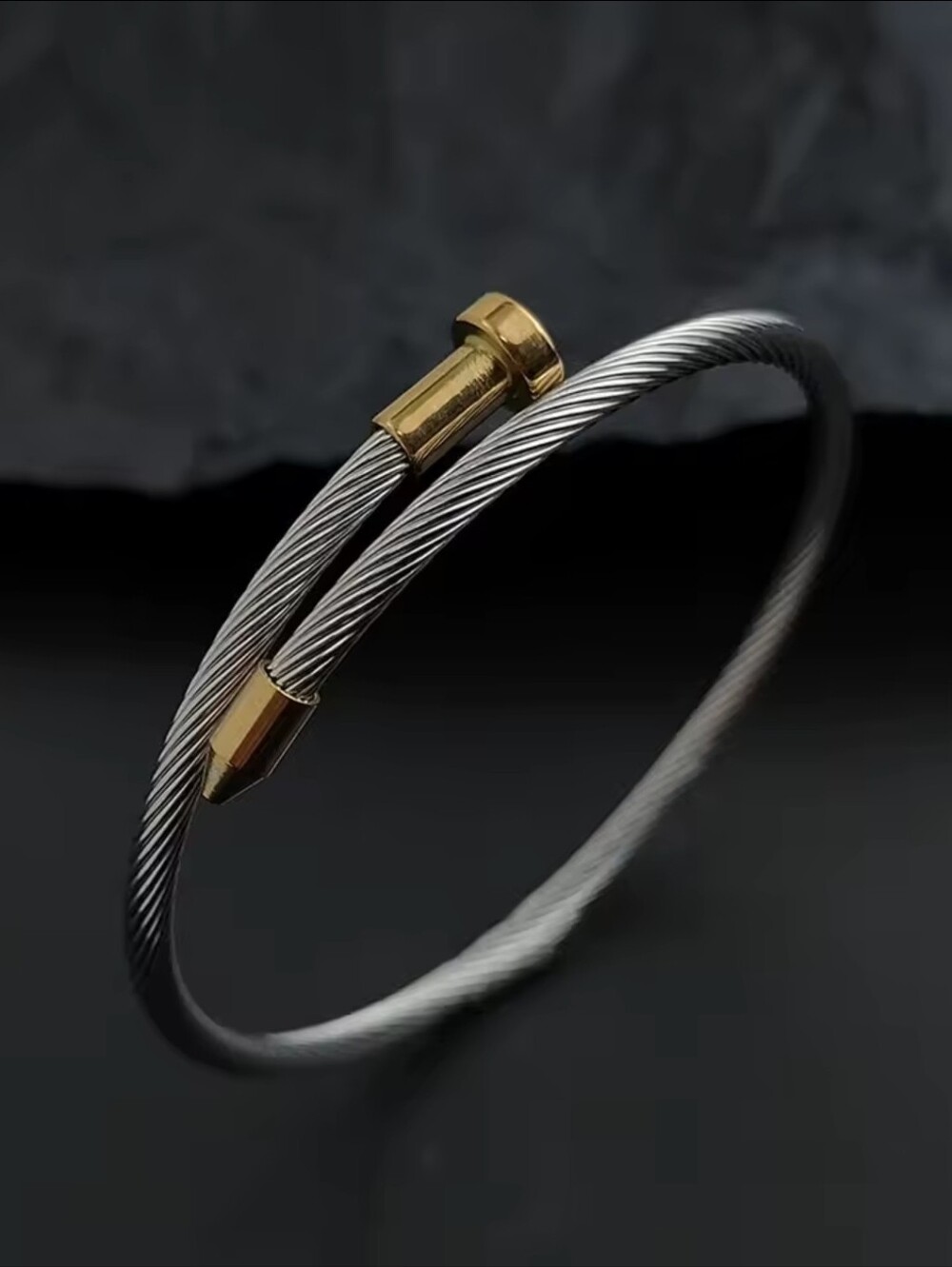 Stainless Steel Cable Cuff Bracelet with Gold Accents Woman - Men's Accessory